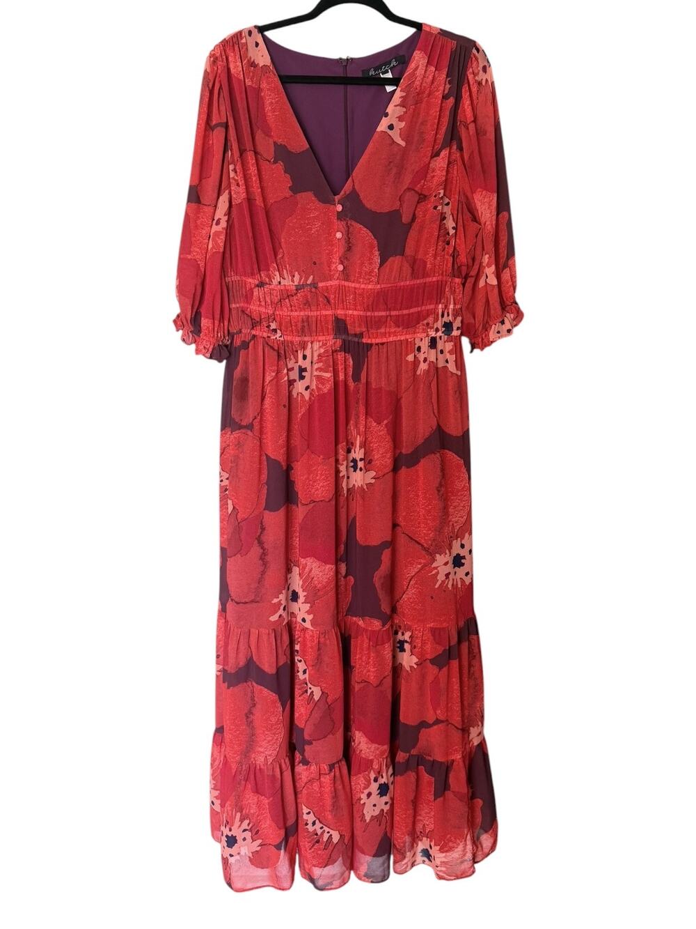 Anthropologie Hutch Poppy Floral Maxi Dress Women’s 2X Red Smocked V Neck Tiered